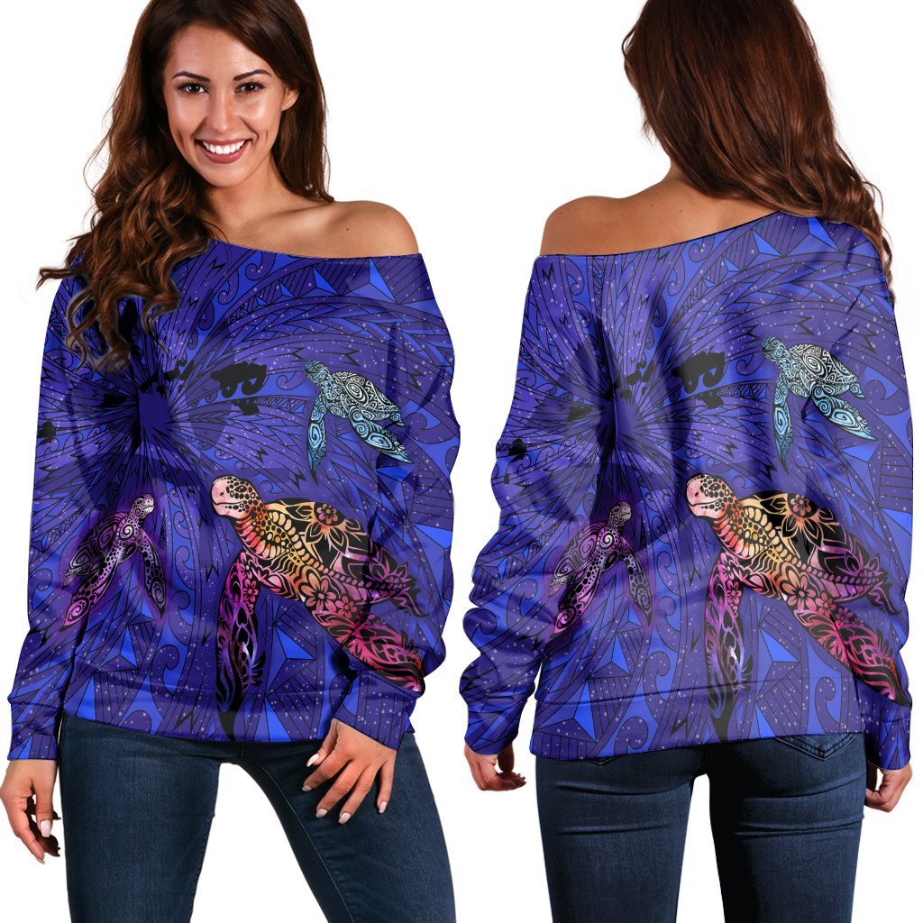 Hawaii Map Kanaka Turtle Women's Off Shoulder Sweater - Volcano Style - Galaxy - AH Black - Polynesian Pride