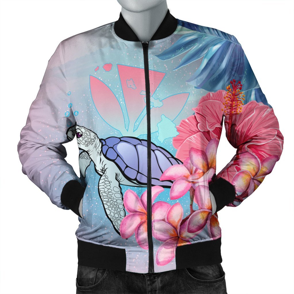 Hawaii Map Kanaka Turtle Galaxy Night Plumeria Hibiscus Bomber Jacket - AH Black Unisex - Polynesian Pride