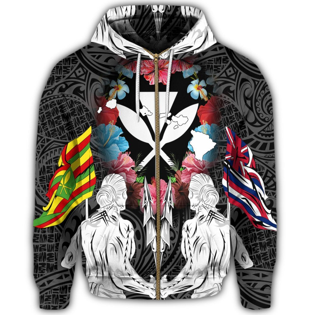 Hawaii Map Kanaka Two Men Holding Flag Zip Hoodie - Polynesian Pride