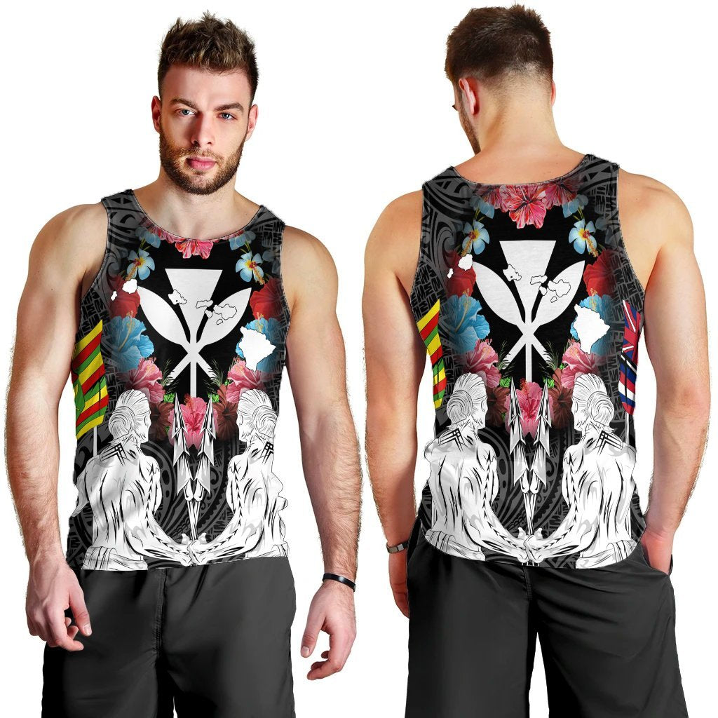 Hawaii Map Kanaka Two Men Holding Flag Tank Top - AH - Polynesian Pride