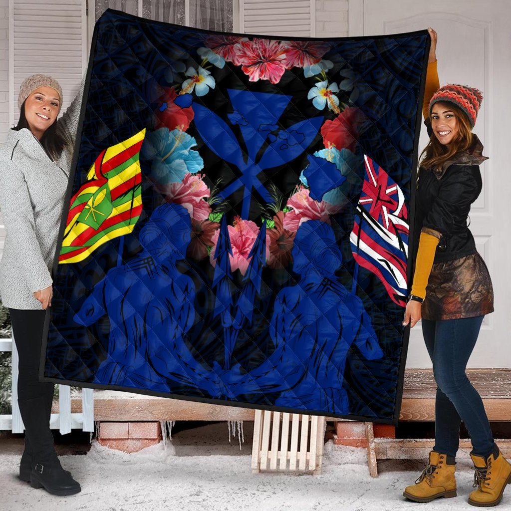 Hawaii Map Kanaka Two Men Holding Flag Premium Quilts Blue - AH - Polynesian Pride