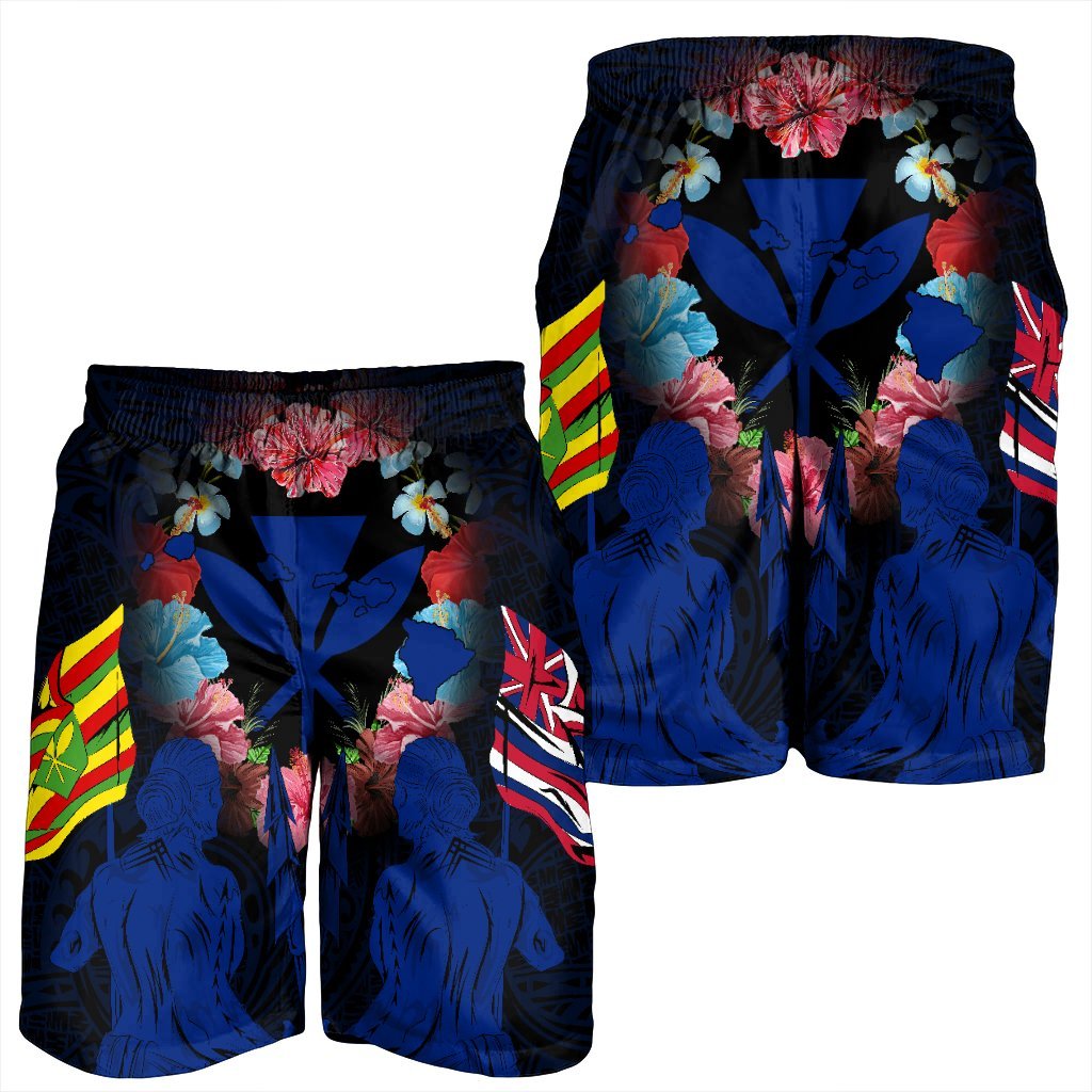 Hawaii Map Kanaka Two Men Holding Flag Men's Shorts Blue - AH - Polynesian Pride
