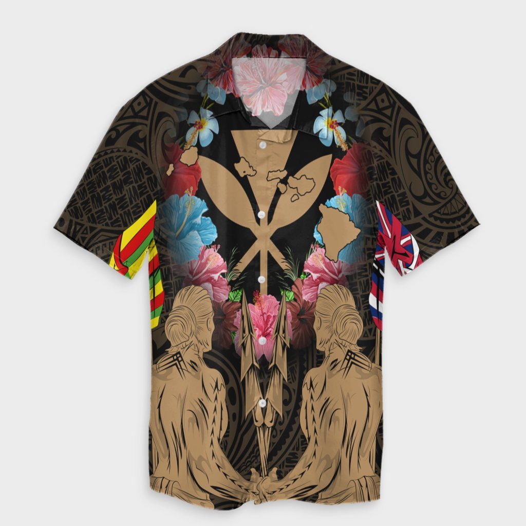 Hawaii Map Kanaka Two Men Holding Flag Hawaiian Shirt Gold - AH Unisex Black - Polynesian Pride