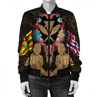 Hawaii Map Kanaka Two Men Holding Flag Bomber Jacket Gold - AH - Polynesian Pride