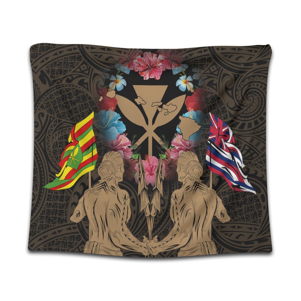 Hawaii Map Kanaka Two Men Holding Flag Tapestry Gold - AH Wall Tapestry Black - Polynesian Pride