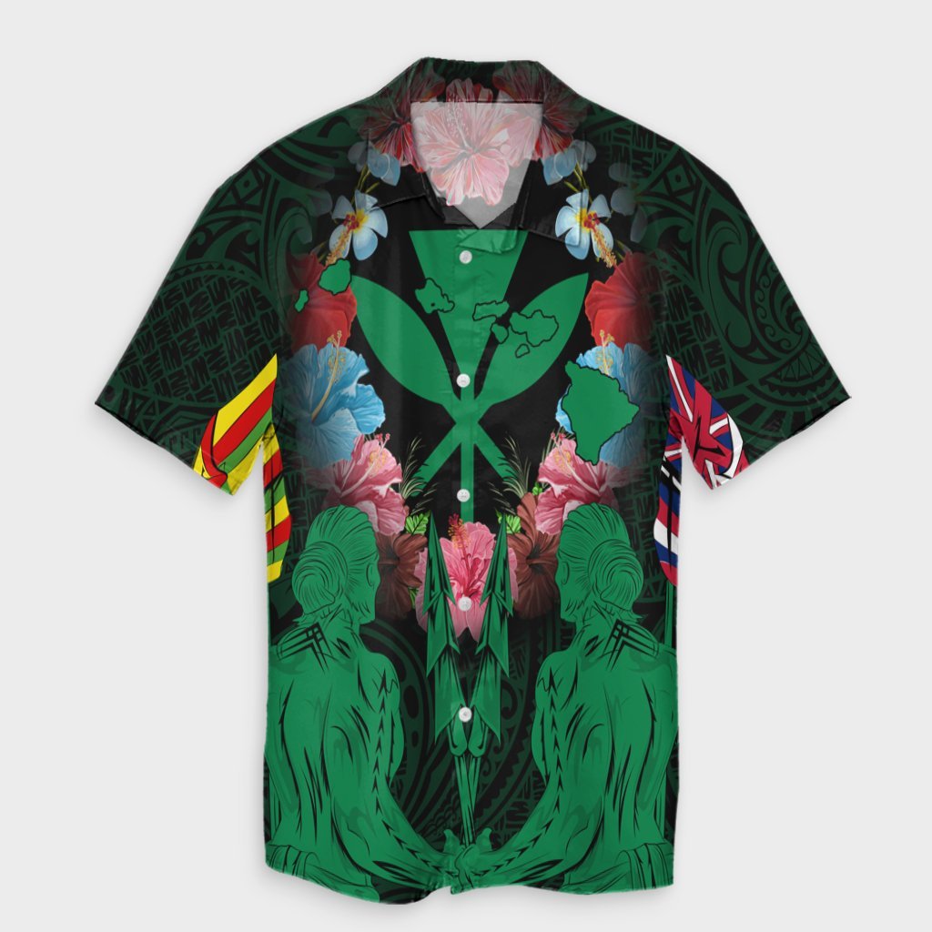 Hawaii Map Kanaka Two Men Holding Flag Hawaiian Shirt Green - AH Unisex Black - Polynesian Pride