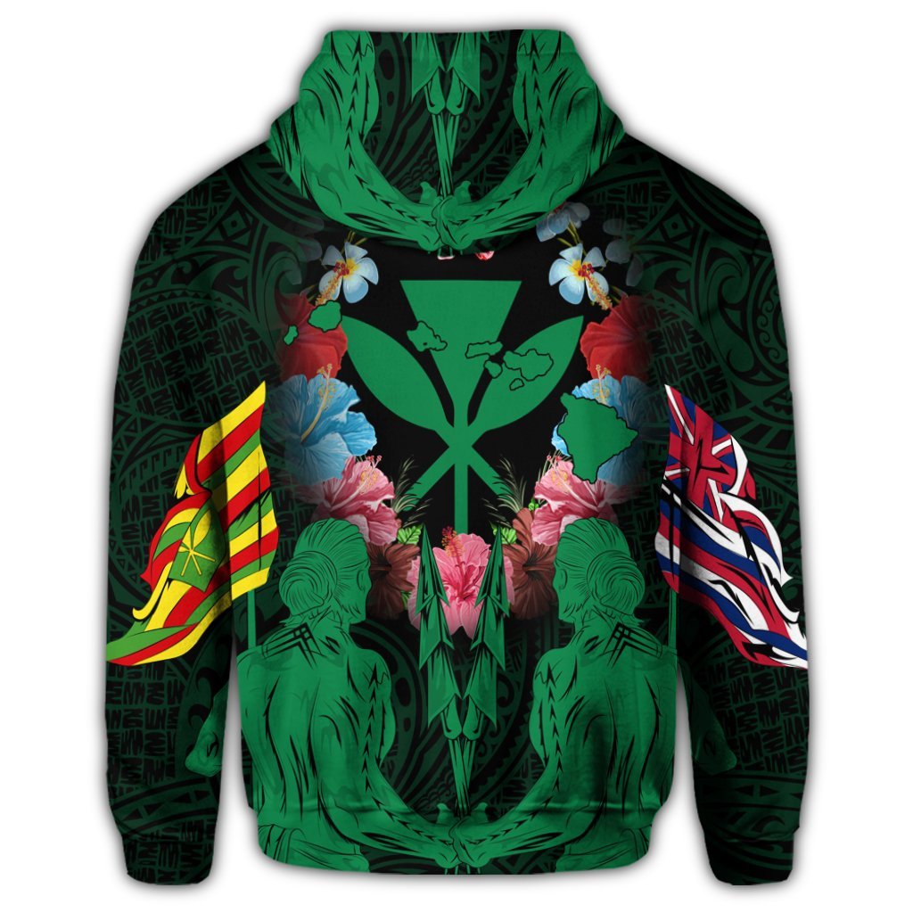 Hawaii Map Kanaka Two Men Holding Flag Zip Hoodie Green - Polynesian Pride