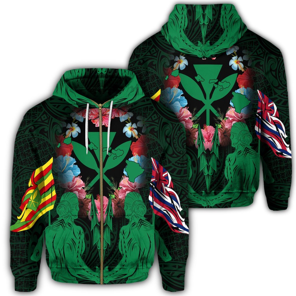 Hawaii Map Kanaka Two Men Holding Flag Zip Hoodie Green Unisex Art - Polynesian Pride