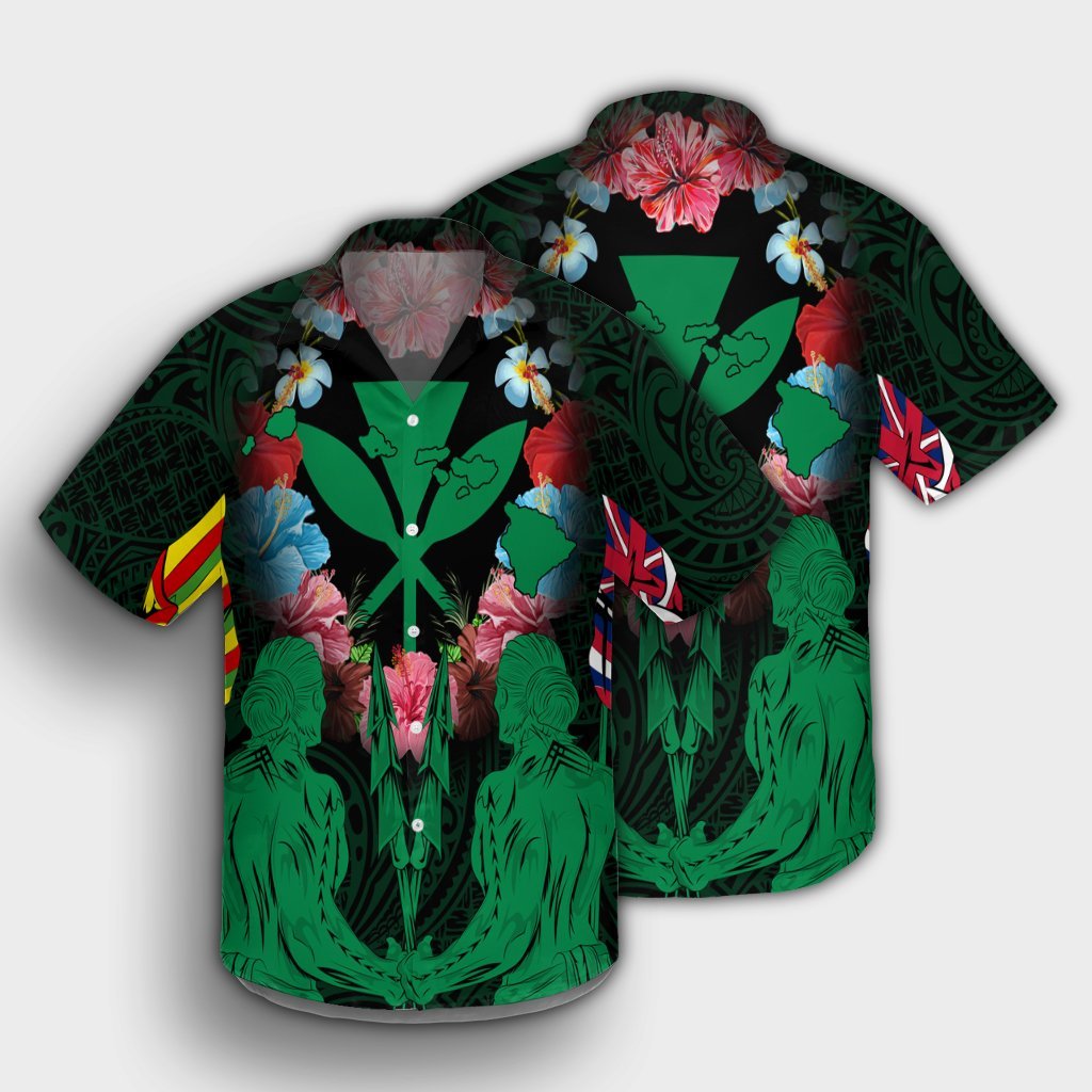 Hawaii Map Kanaka Two Men Holding Flag Hawaiian Shirt Green - AH - Polynesian Pride