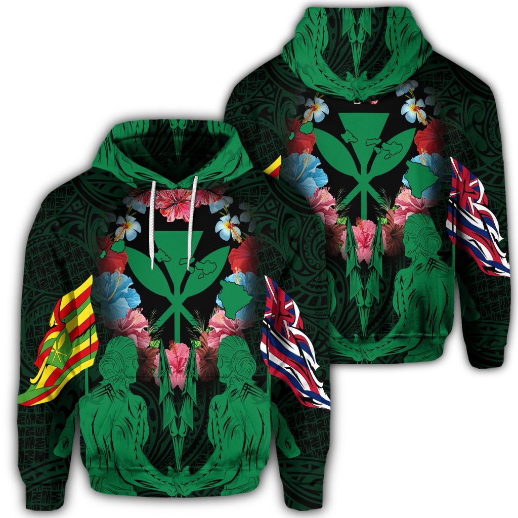 Hawaii Map Kanaka Two Men Holding Flag Hoodie Green Unisex Art - Polynesian Pride