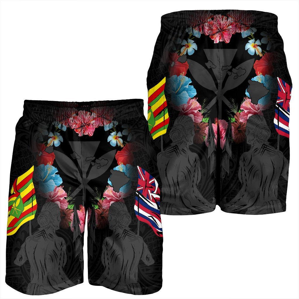 Hawaii Map Kanaka Two Men Holding Flag Men's Shorts Grey - AH - Polynesian Pride