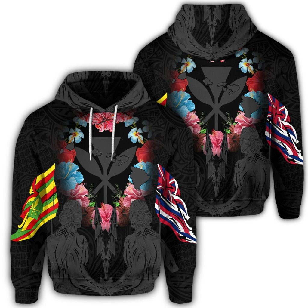 Hawaiian Map Kanaka Two Men Holding Flag Hoodie Grey Unisex Art - Polynesian Pride