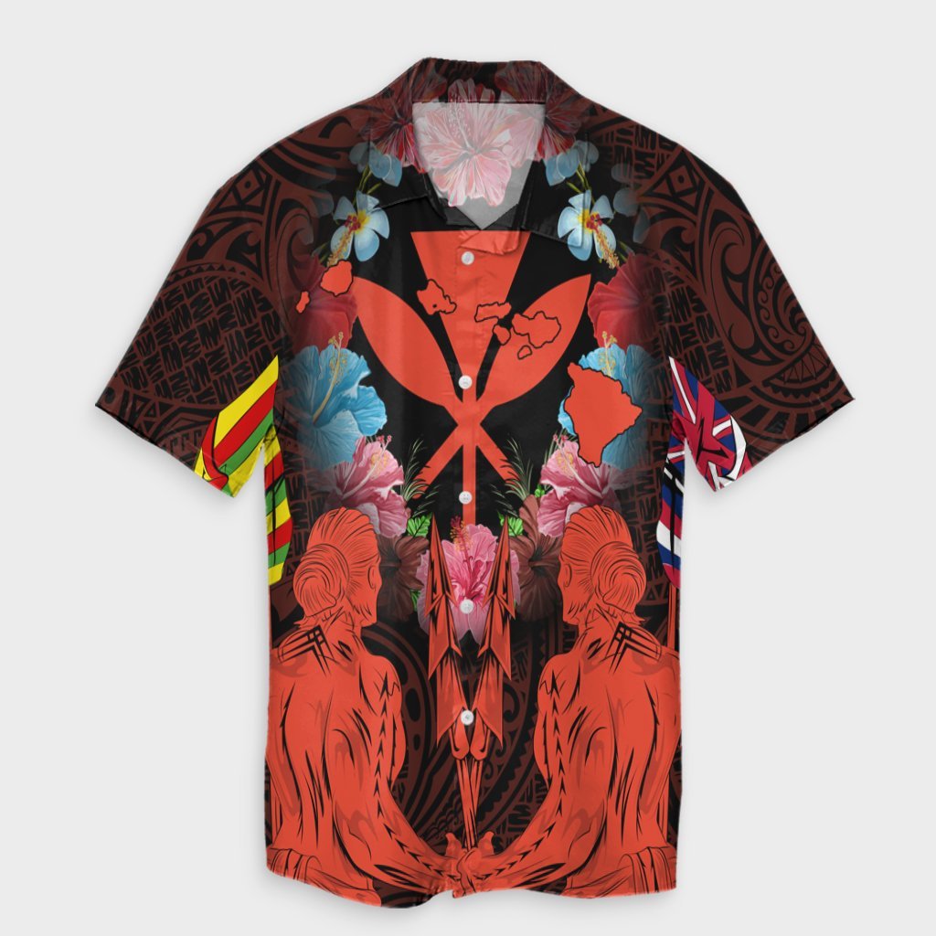 Hawaii Map Kanaka Two Men Holding Flag Hawaiian Shirt Orange - AH Unisex Black - Polynesian Pride