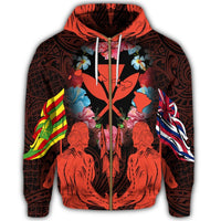 Hawaii Map Kanaka Two Men Holding Flag Zip Hoodie Orange - Polynesian Pride