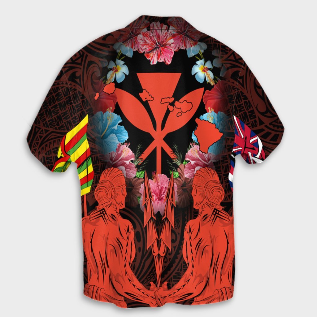 Hawaii Map Kanaka Two Men Holding Flag Hawaiian Shirt Orange - AH - Polynesian Pride