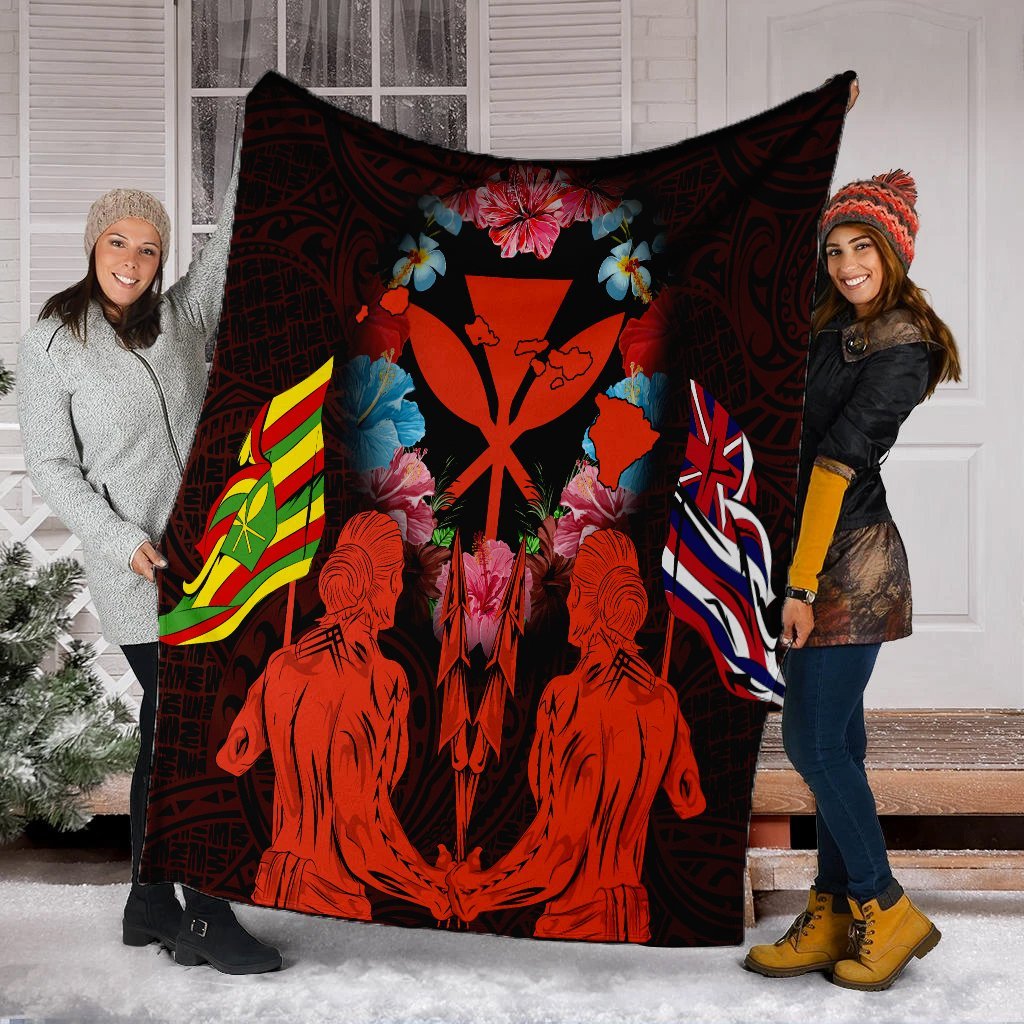 Hawaii Map Kanaka Two Men Holding Flag Premium Blankets Orange - AH - Polynesian Pride