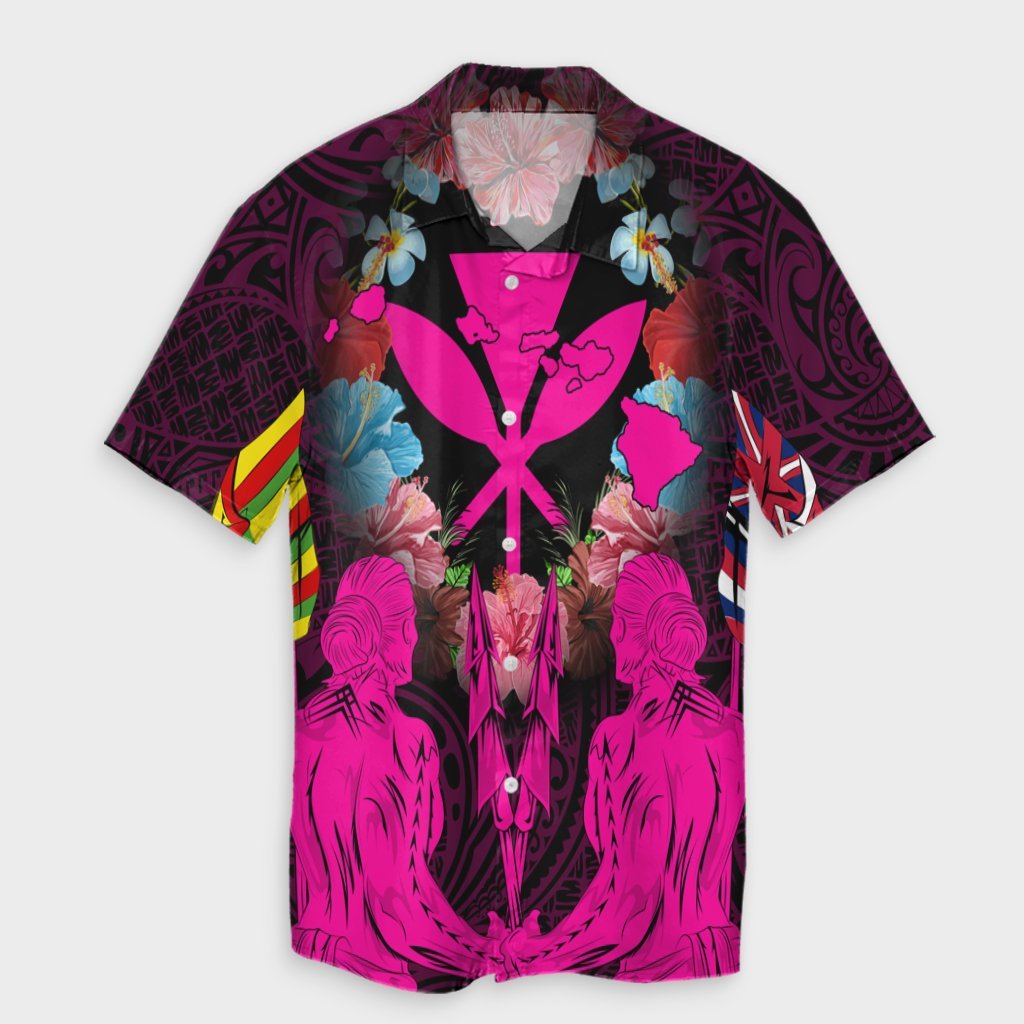 Hawaii Map Kanaka Two Men Holding Flag Hawaiian Shirt Pink - AH Unisex Black - Polynesian Pride