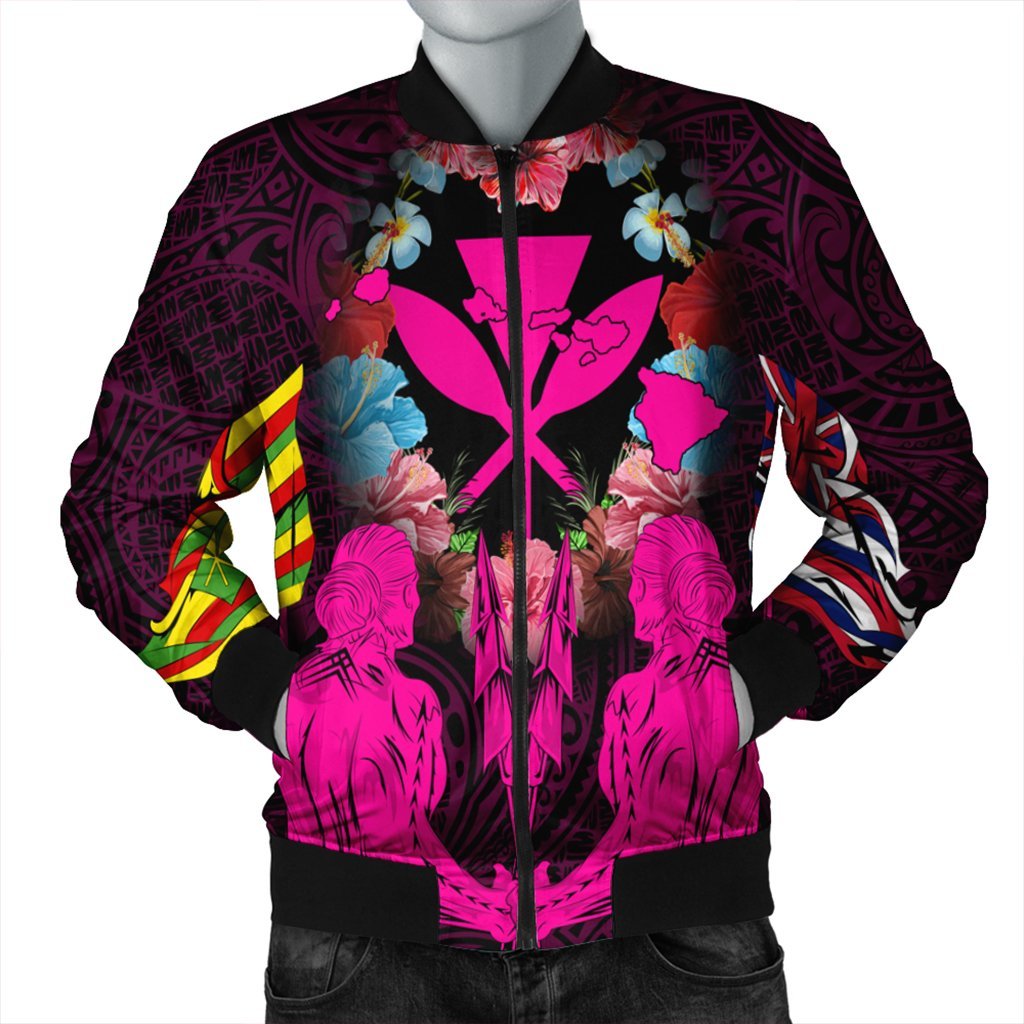 Hawaii Map Kanaka Two Men Holding Flag Bomber Jacket Pink - AH Black - Polynesian Pride