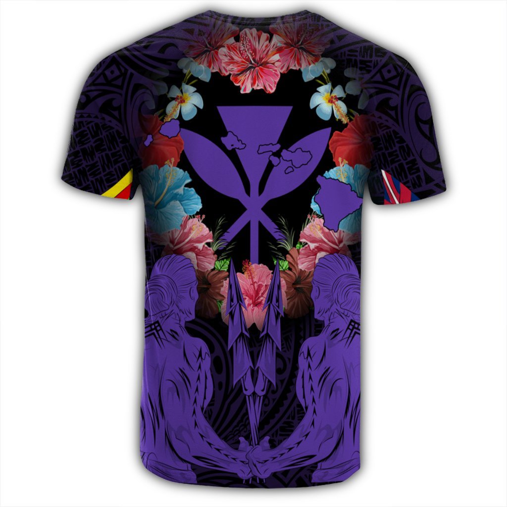 Hawaii Map Kanaka Two Men Holding Flag T Shirt Purple - Polynesian Pride