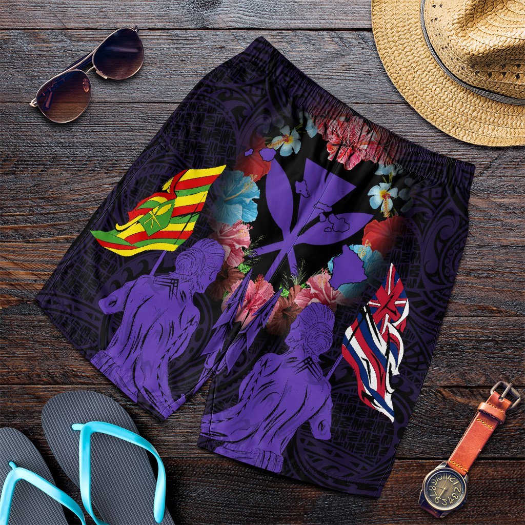 Hawaii Map Kanaka Two Men Holding Flag Men's Shorts Purple - AH Art - Polynesian Pride