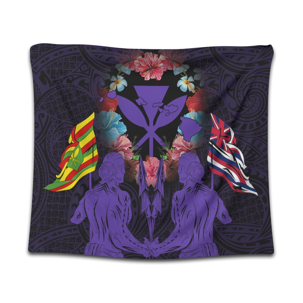 Hawaii Map Kanaka Two Men Holding Flag Tapestry Purple - AH Wall Tapestry Black - Polynesian Pride