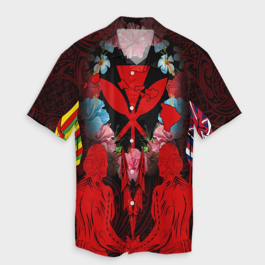 Hawaii Map Kanaka Two Men Holding Flag Hawaiian Shirt Red - AH Unisex Black - Polynesian Pride