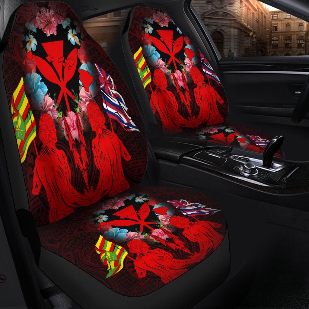 Hawaii Map Kanaka Two Men Holding Flag Car Seat Covers Red - AH - Polynesian Pride