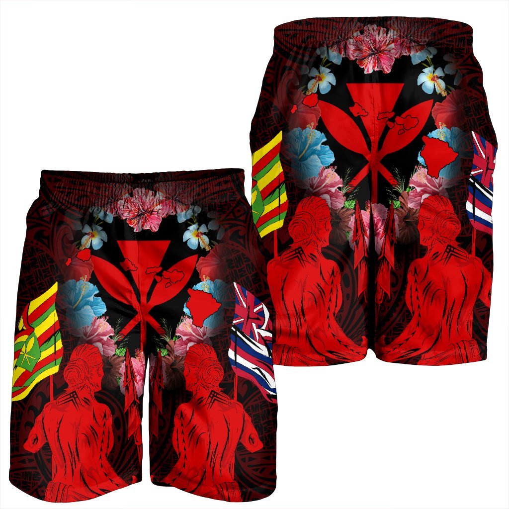 Hawaii Map Kanaka Two Men Holding Flag Men's Shorts Red - AH - Polynesian Pride