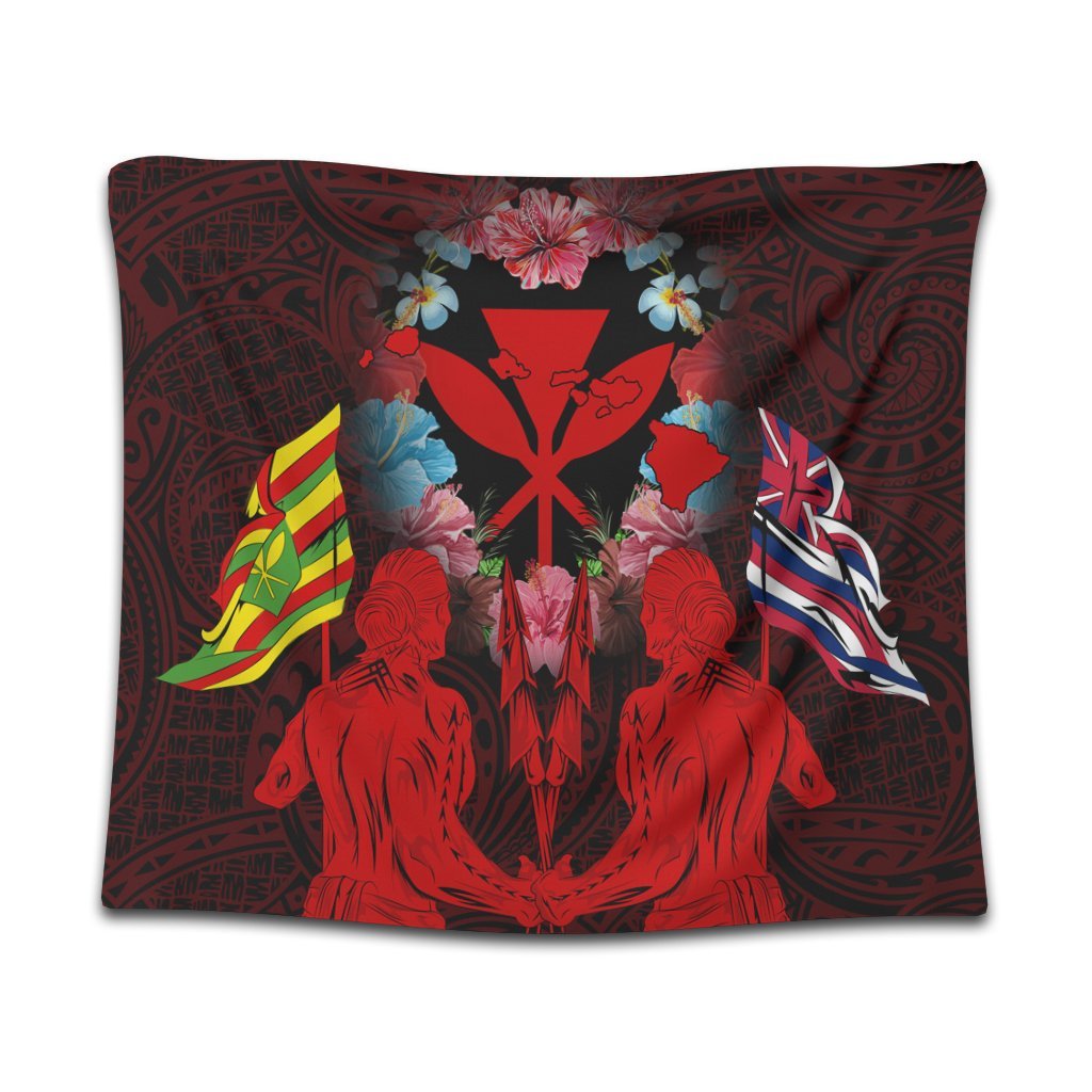 Hawaii Map Kanaka Two Men Holding Flag Tapestry Red - AH Wall Tapestry Black - Polynesian Pride