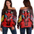 Hawaii Map Kanaka Two Men Holding Flag Women's Off Shoulder Sweater Red - AH Black - Polynesian Pride