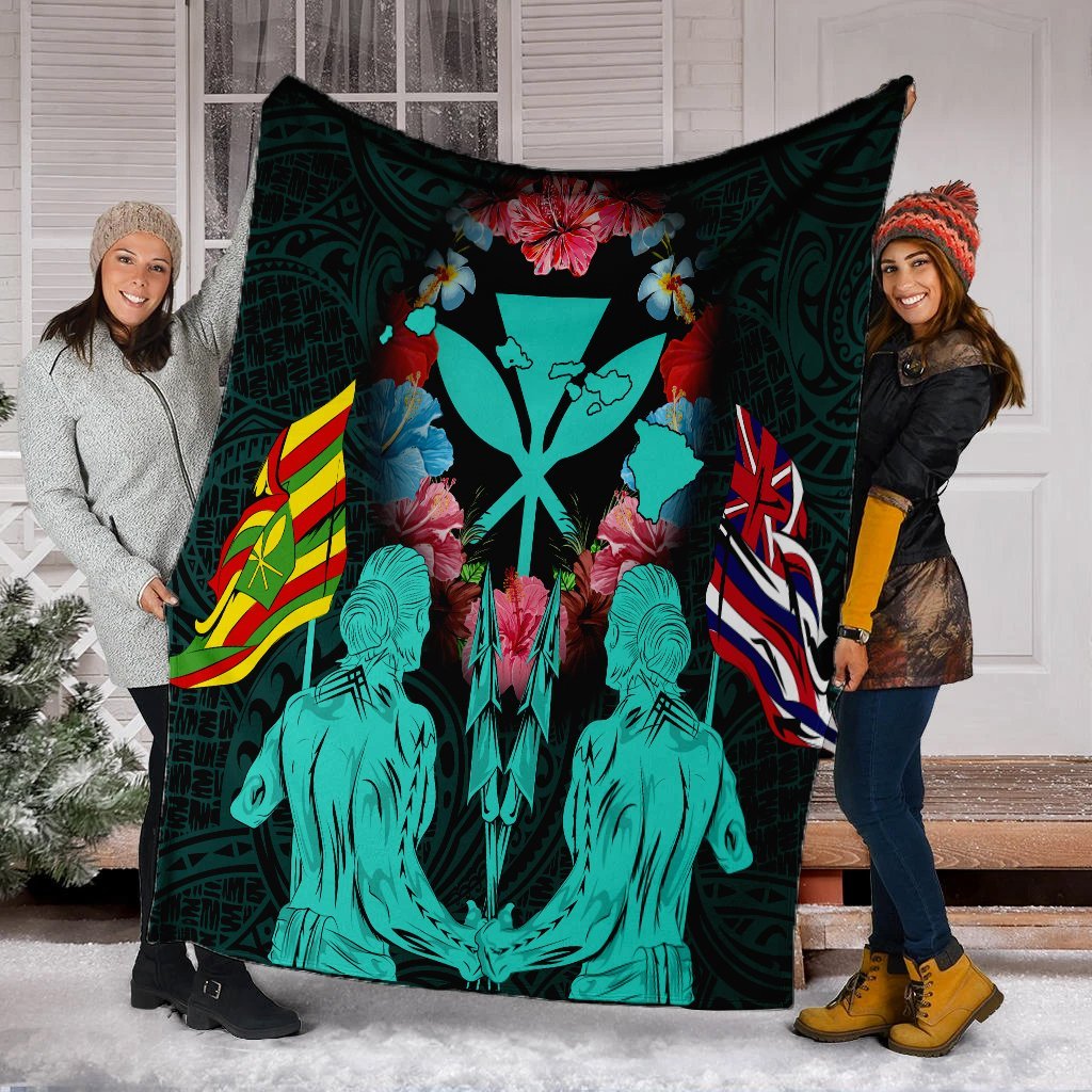 Hawaii Map Kanaka Two Men Holding Flag Premium Blankets Turquoise - AH - Polynesian Pride