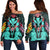 Hawaii Map Kanaka Two Men Holding Flag Women's Off Shoulder Sweater Turquoise - AH Black - Polynesian Pride