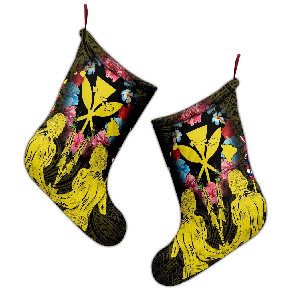 Hawaii Map Kanaka Two Men Holding Flag Christmas Stocking Yellow - AH - Polynesian Pride