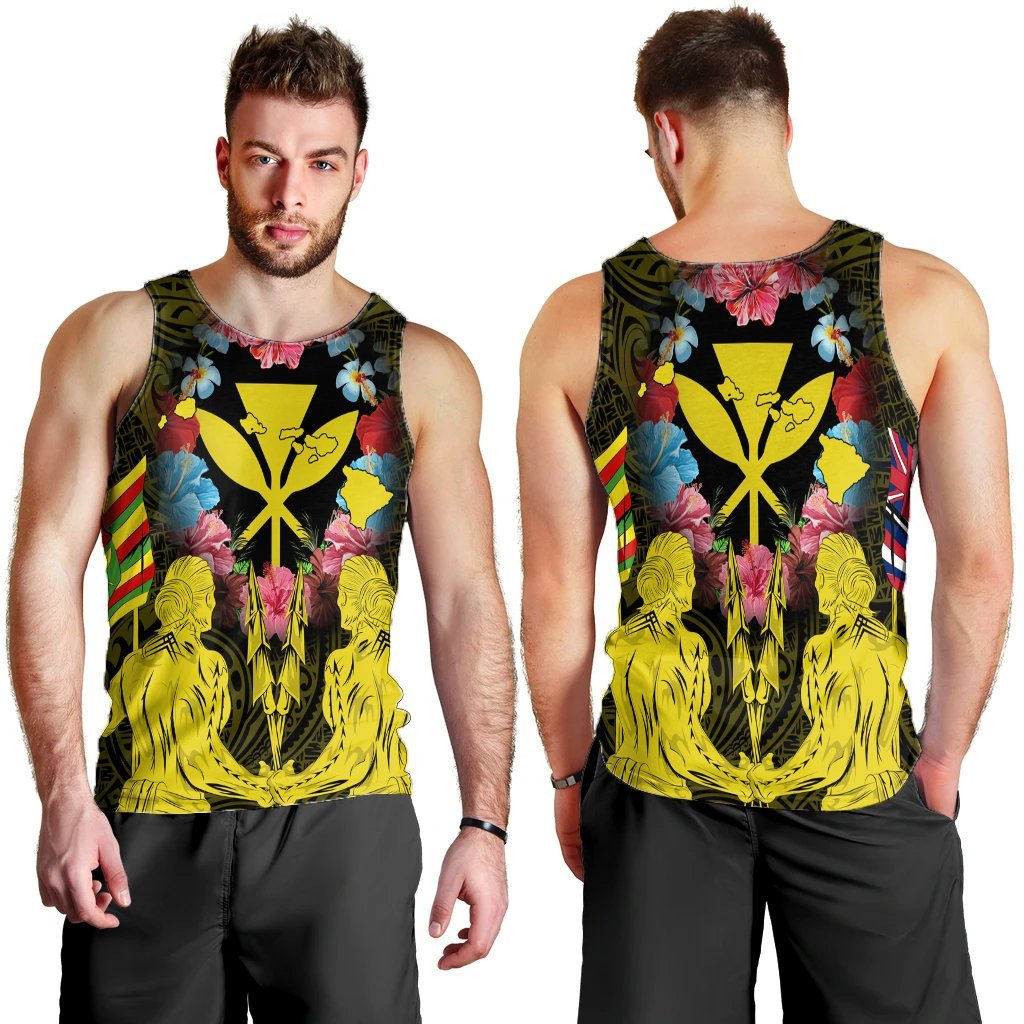Hawaii Map Kanaka Two Men Holding Flag Tank Top Yellow - AH - Polynesian Pride