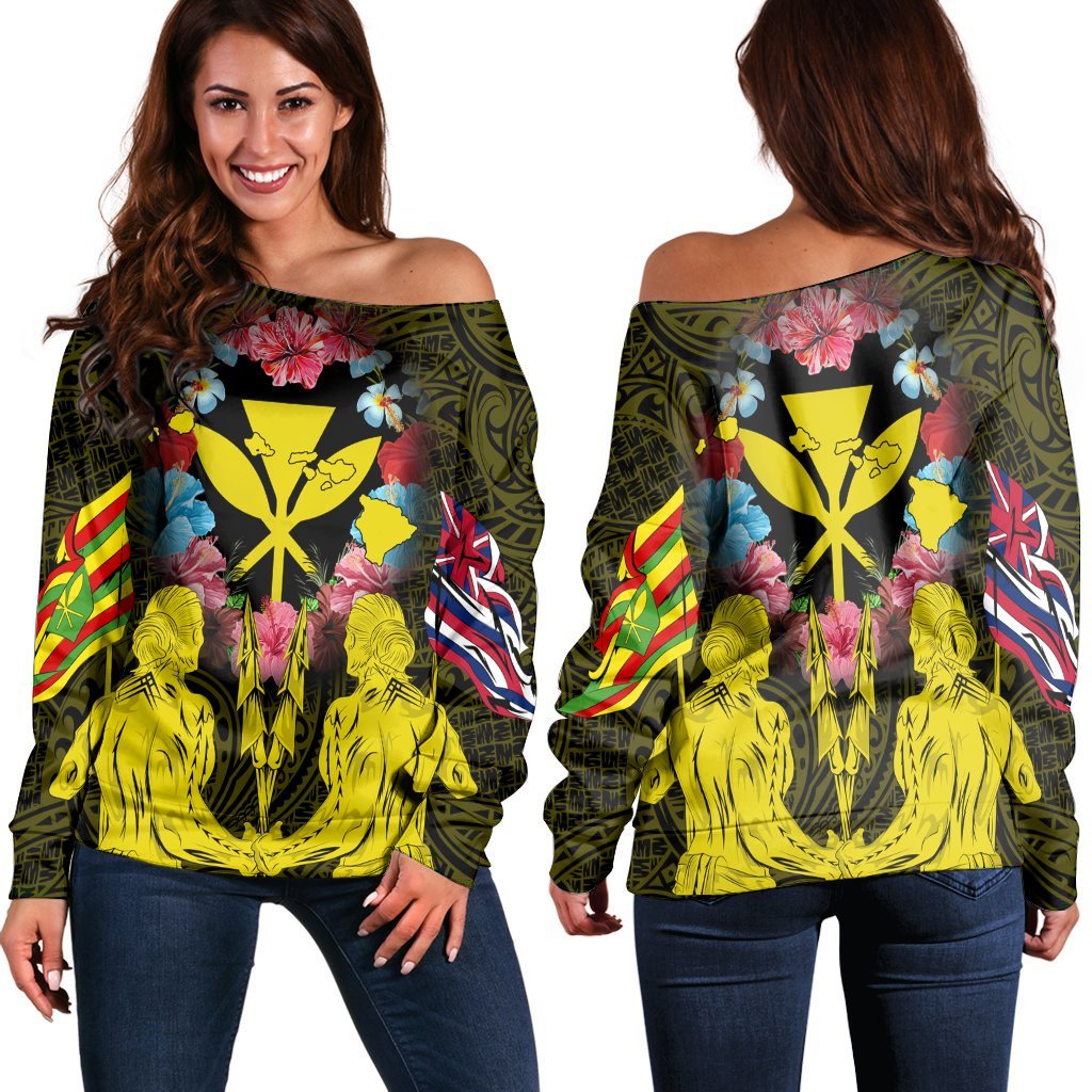 Hawaii Map Kanaka Two Men Holding Flag Women's Off Shoulder Sweater Yellow - AH Black - Polynesian Pride