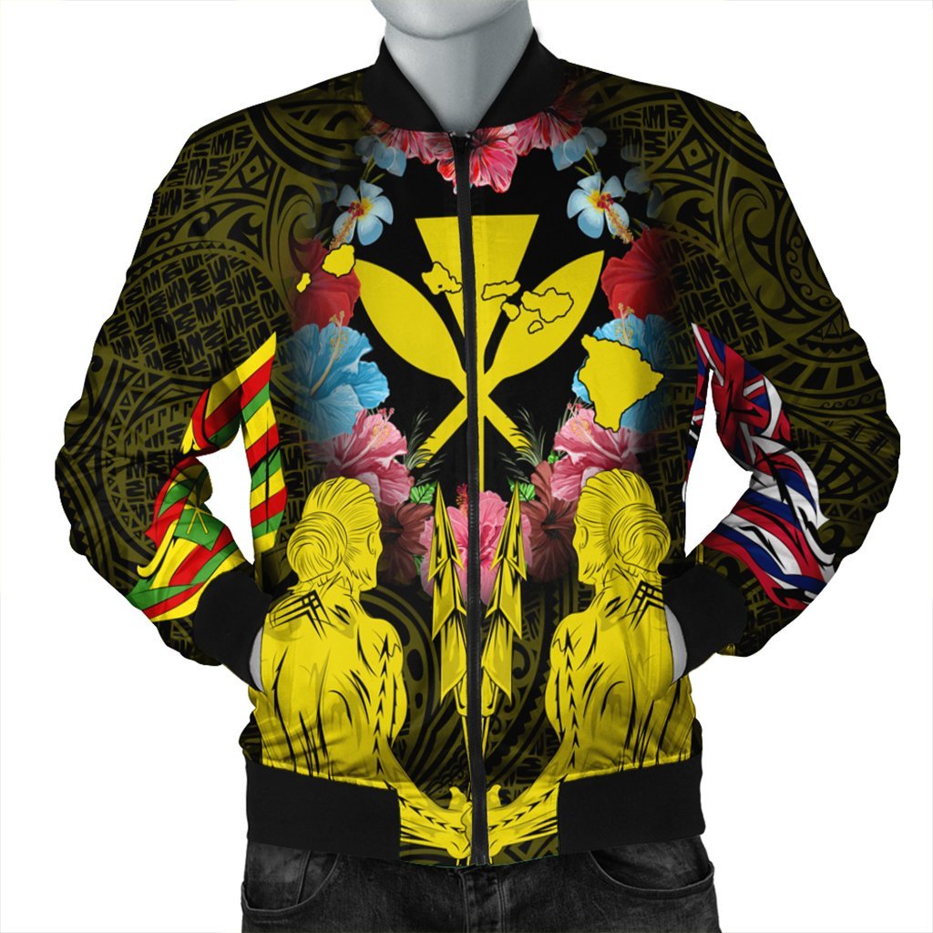 Hawaii Map Kanaka Two Men Holding Flag Bomber Jacket Yellow - AH Black - Polynesian Pride