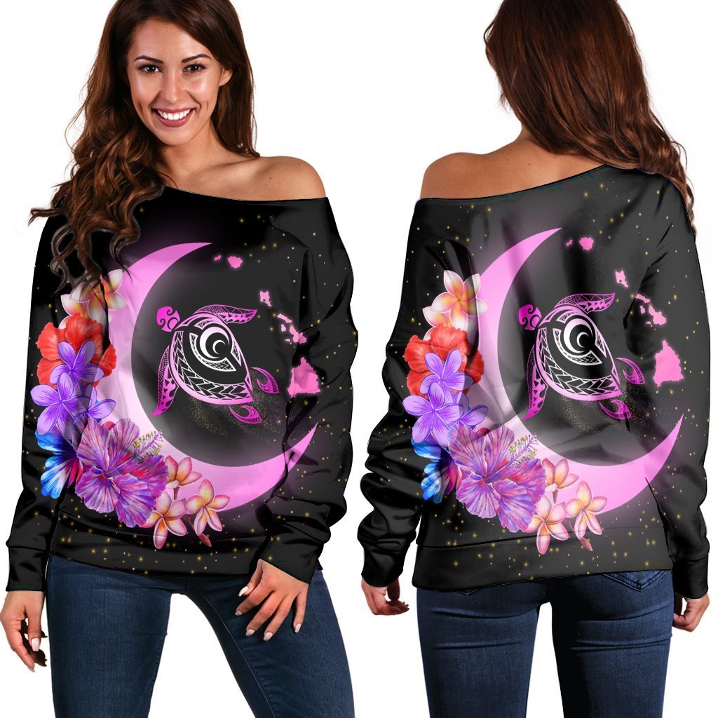 Hawaii Map Moon Star Turtle Plumeria Hibiscus Women's Off Shoulder Sweater - AH Black - Polynesian Pride