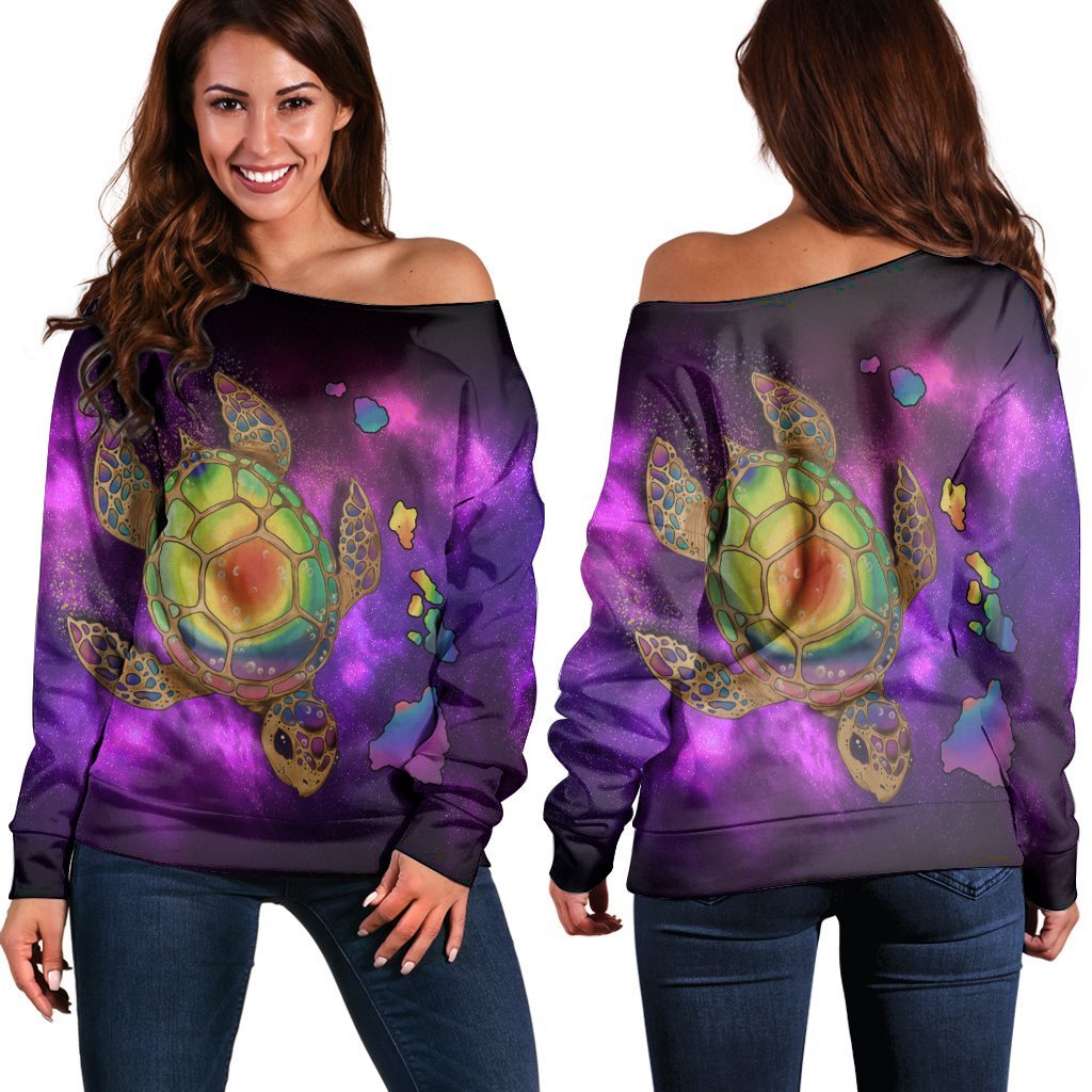 Hawaii Map Turtle Galaxy Women's Off Shoulder Sweater - AH - Purple Black - Polynesian Pride