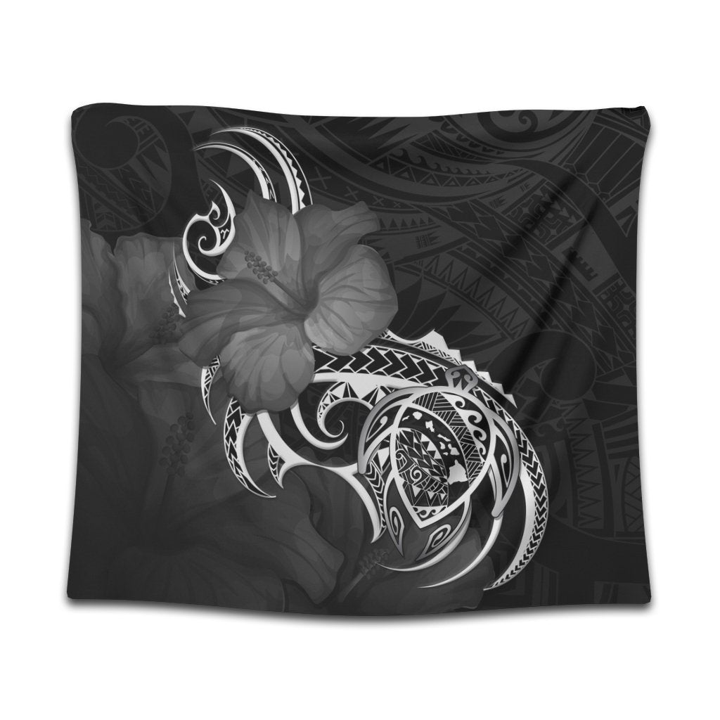 Hawaii Map Turtle Hibiscus Divise Polynesian Tapestry - AH Wall Tapestry Black - Polynesian Pride