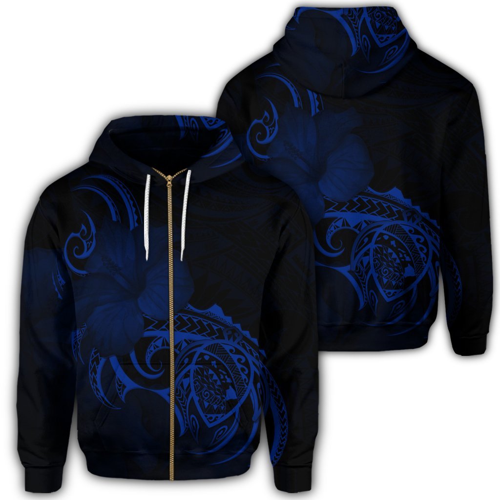 Hawaii Map Turtle Hibiscus Divise Polynesian Zip Hoodie Blue Unisex Art - Polynesian Pride