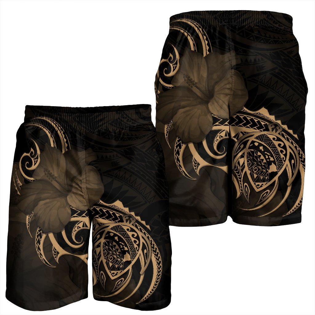 Hawaii Map Turtle Hibiscus Divise Polynesian Men's Shorts Gold - AH - Polynesian Pride