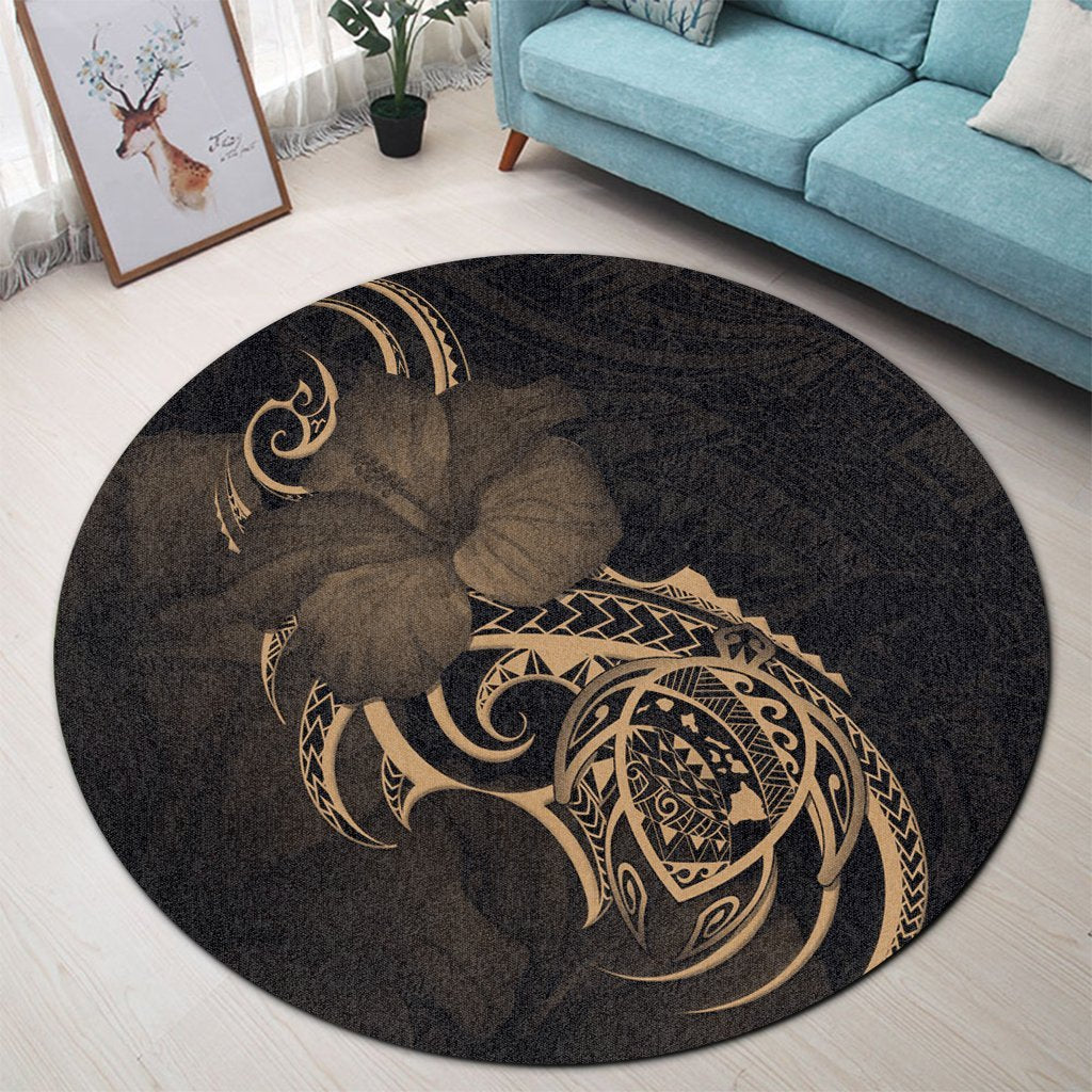 Hawaii Map Turtle Hibiscus Divise Polynesian Round Carpet Gold - AH - Polynesian Pride
