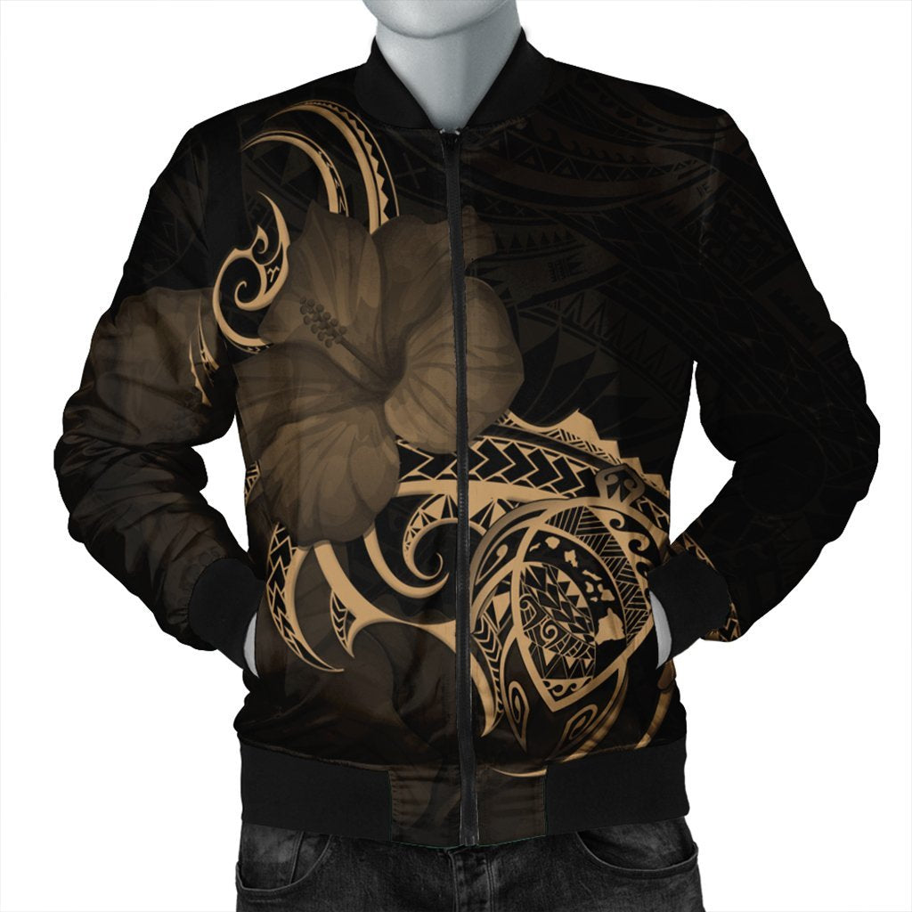 Hawaii Map Turtle Hibiscus Divise Polynesian Bomber Jacket Gold - AH Black Unisex - Polynesian Pride