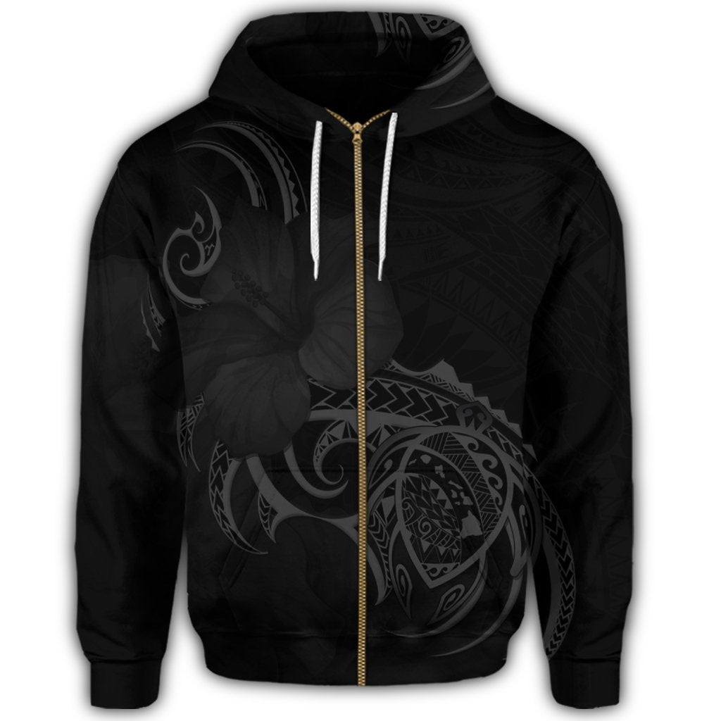 Hawaii Map Turtle Hibiscus Divise Polynesian Zip Hoodie Gray - Polynesian Pride