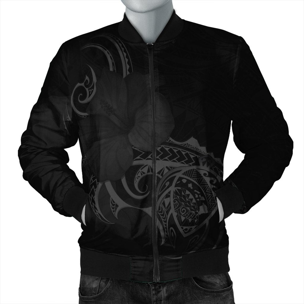 Hawaii Map Turtle Hibiscus Divise Polynesian Bomber Jacket Gray - AH Black Unisex - Polynesian Pride