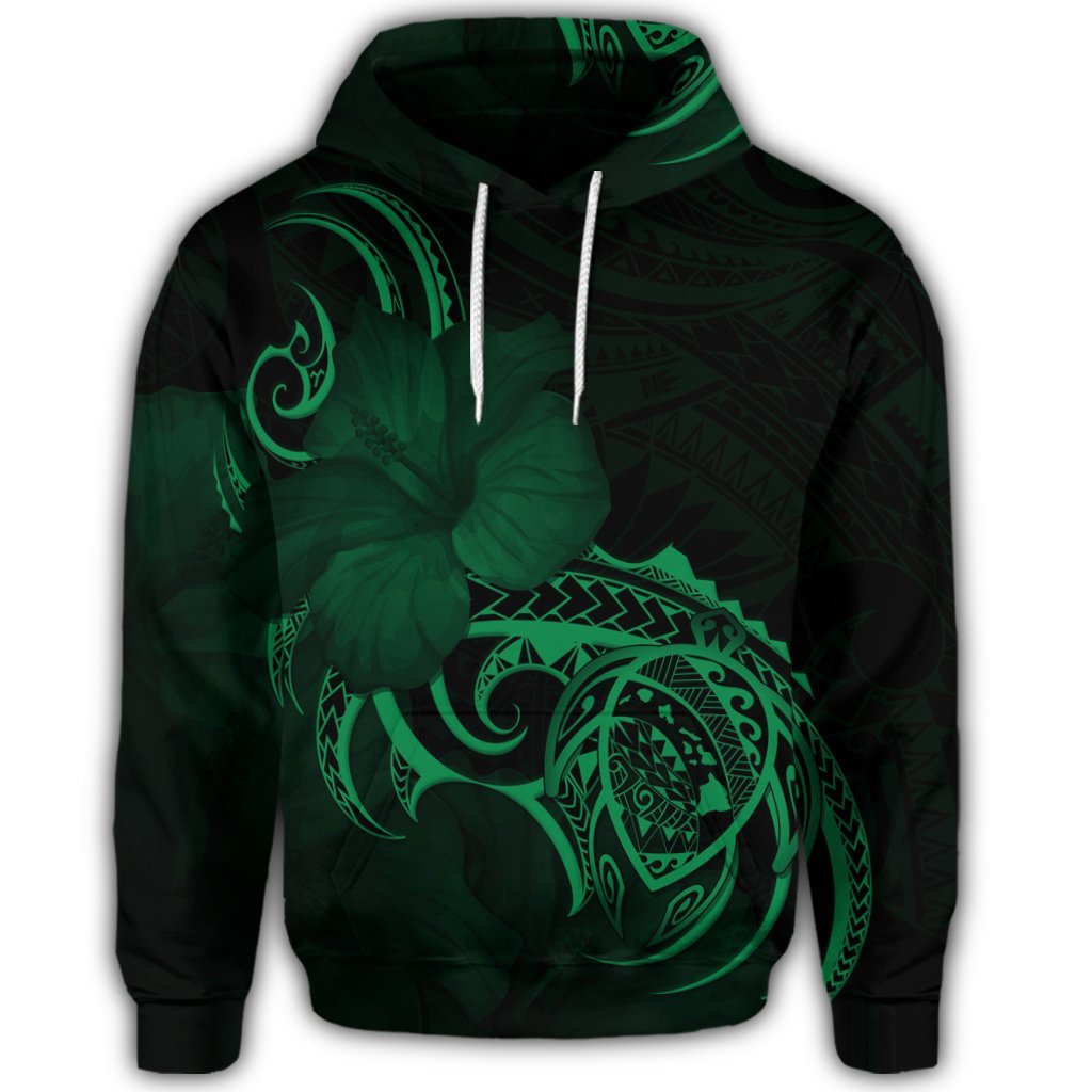 Hawaiian Map Turtle Hibiscus Divise Polynesian Hoodie Green - Polynesian Pride