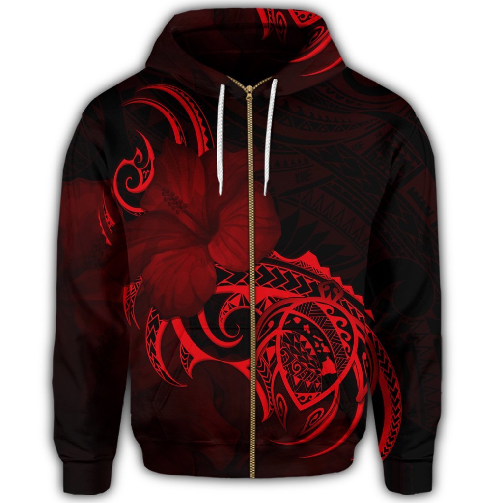 Hawaii Map Turtle Hibiscus Divise Polynesian Zip Hoodie Red - Polynesian Pride