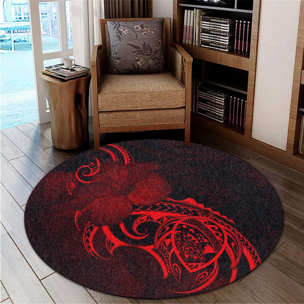 Hawaii Map Turtle Hibiscus Divise Polynesian Round Carpet Red - AH - Polynesian Pride