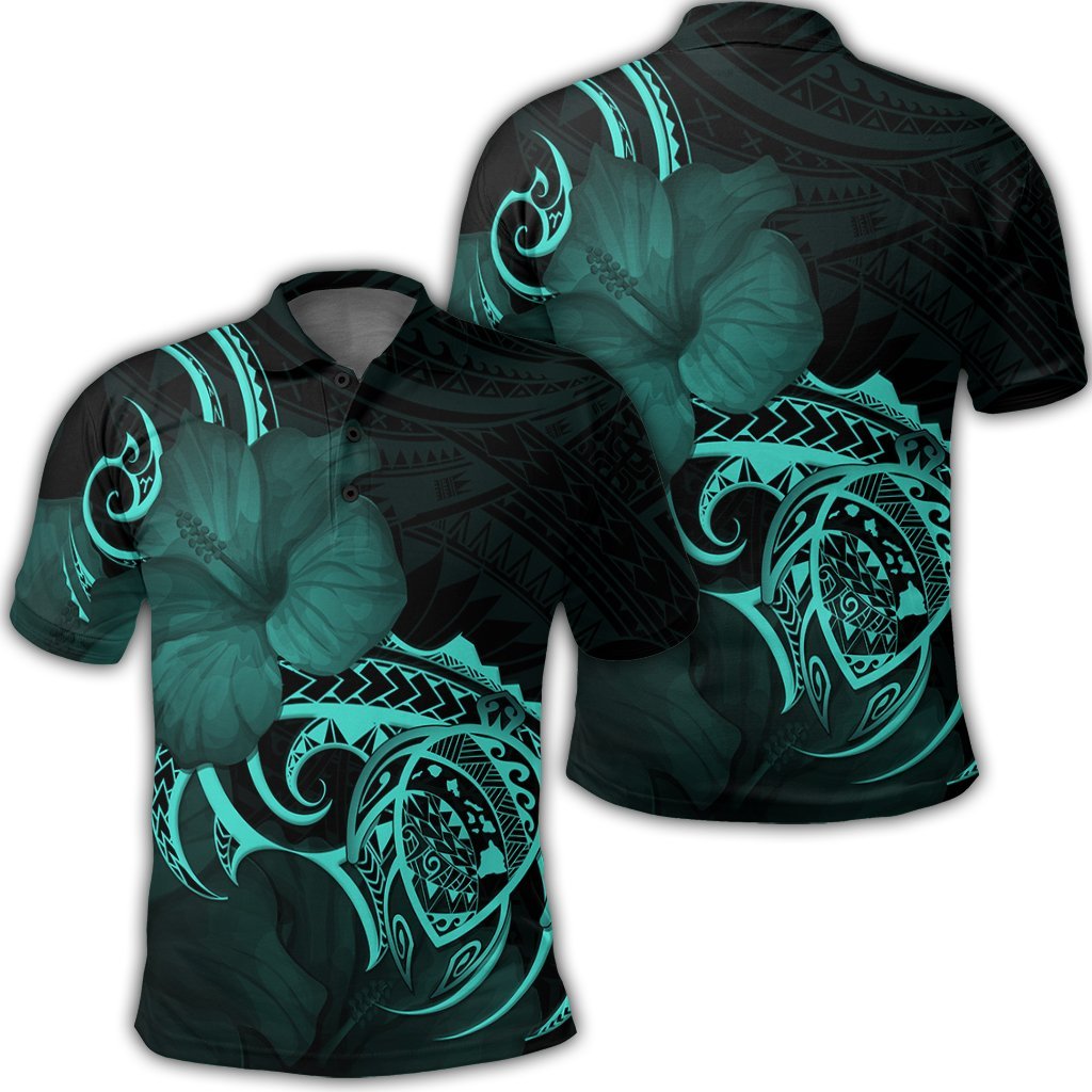 Hawaii Map Turtle Hibiscus Divise Polynesian Polo Shirt Turquoise Unisex Black - Polynesian Pride