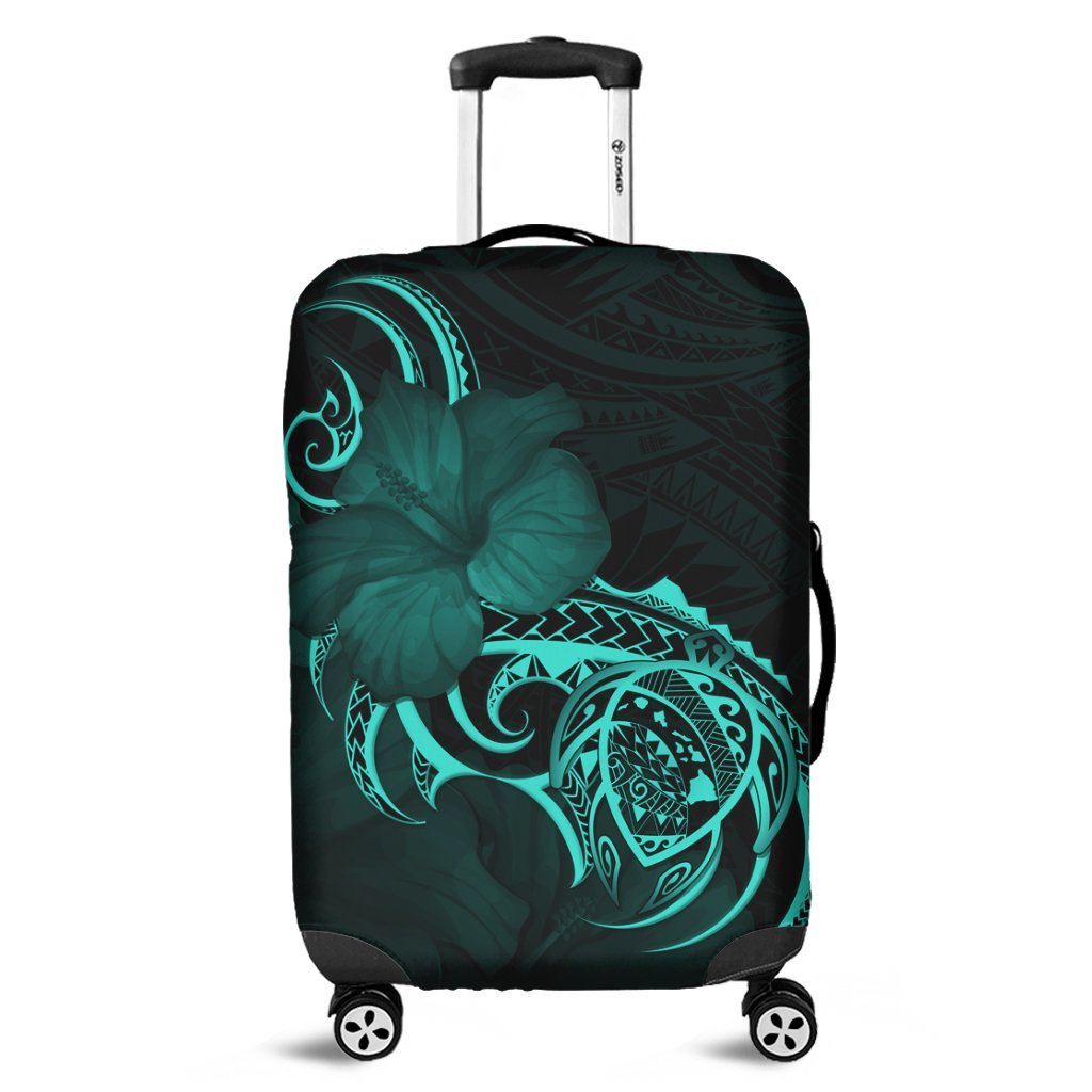 Hawaii Map Turtle Hibiscus Divise Polynesian Luggage Covers Turquoise - AH Black - Polynesian Pride